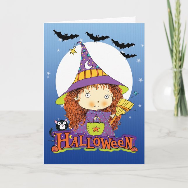 Tarjeta de Halloween con gatos y murciélagos (Anverso)