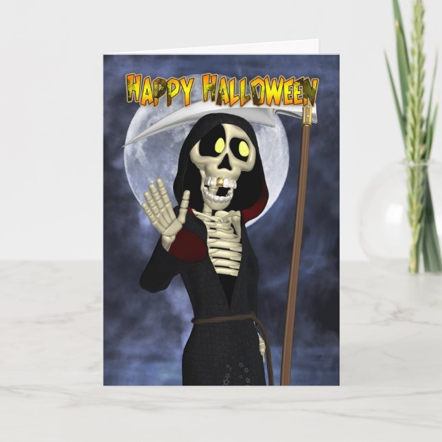 Tarjeta de Halloween con Grim Reaper Feliz (Anverso)