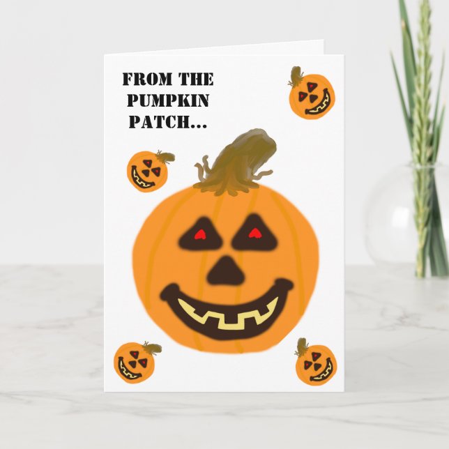 Tarjeta de Halloween con parche de calabaza sonrie (Anverso)