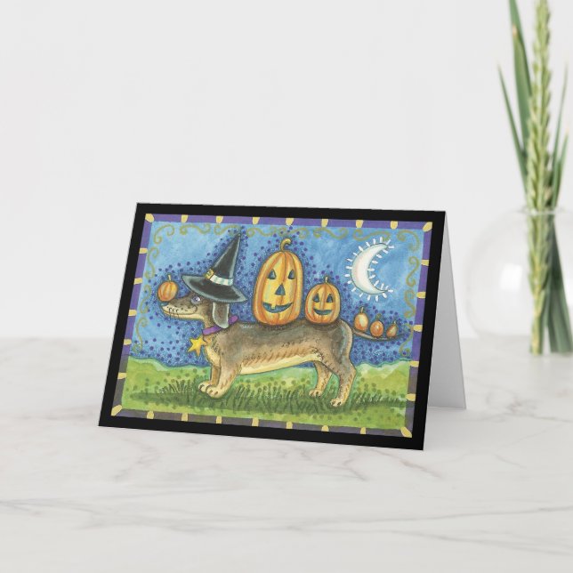 Tarjeta de Halloween con perro y calabazas brujas (Anverso)
