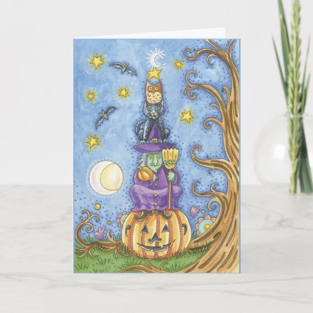 Tarjeta de Halloween con tótem Bruja, gato y aguar (Anverso)