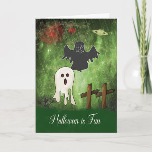 Tarjeta de Halloween con un fantasma en blanco y n
