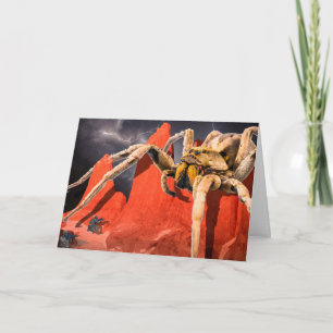 Tarjeta de Halloween de araña gigante en montañas