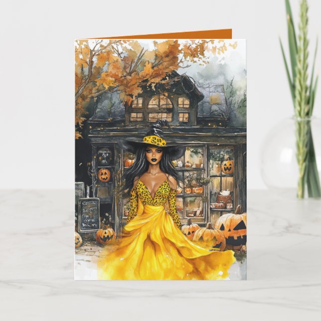 Tarjeta de Halloween de Bruja con Fachada de Tiend (Anverso)