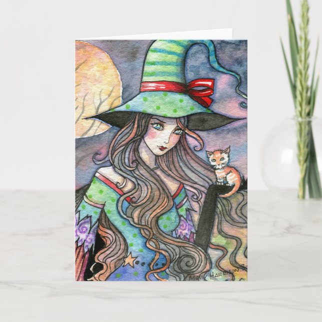 Tarjeta de Halloween de Bruja Hermosa y Gatito Ati (Anverso)