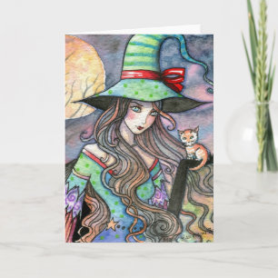 Tarjeta de Halloween de Bruja Hermosa y Gatito Ati