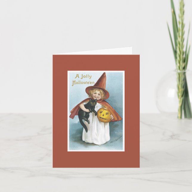 Tarjeta de Halloween de Bruja Vintage Gato Negro (Anverso)