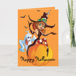 Tarjeta de Halloween de bruja y fantasma
