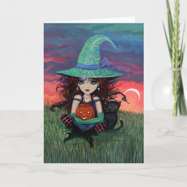 Tarjeta de Halloween de Bruja y Gato (Anverso)