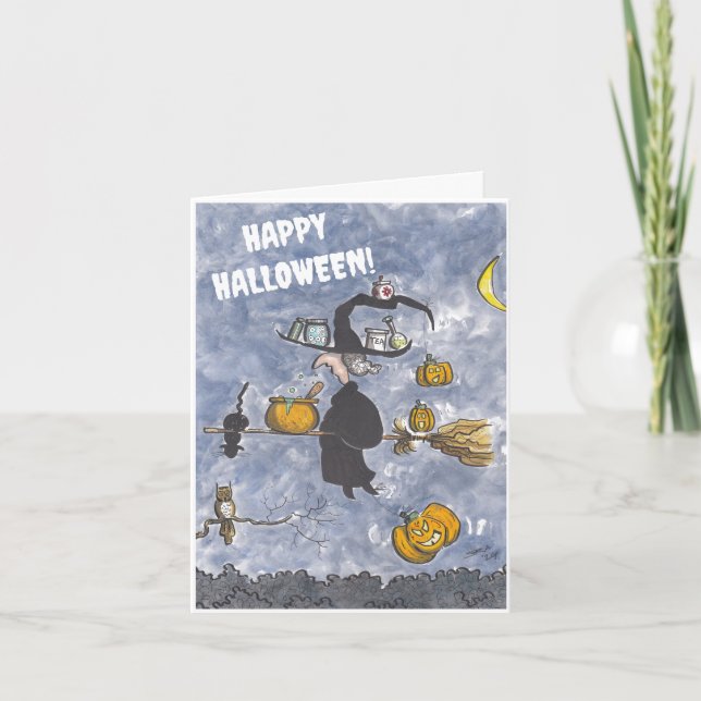 Tarjeta de Halloween de Bruja y Gato (Anverso)