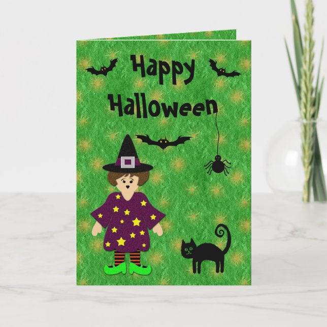 Tarjeta de Halloween de Brujas, Gatos, Murciélagos (Anverso)