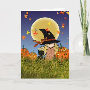 Tarjeta de Halloween de Brujita y Gato Negro