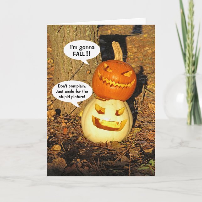 Tarjeta de Halloween de Bumpkin Budies sonrientes (Anverso)
