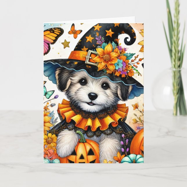 Tarjeta de Halloween de cachorro maltés de bruja (Anverso)