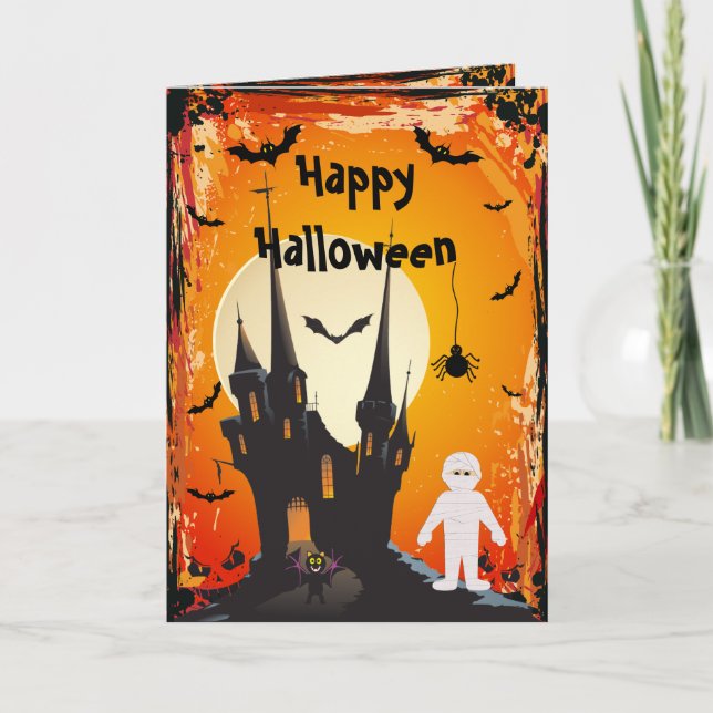 Tarjeta de Halloween de Cute Mummy, Bats & Castle (Anverso)