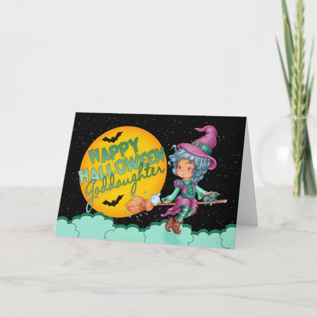 tarjeta de halloween de diosa hija con bruja linda (Anverso)