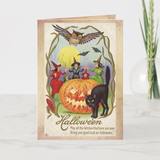 Tarjeta de Halloween de época, círculo de brujas (Anverso)