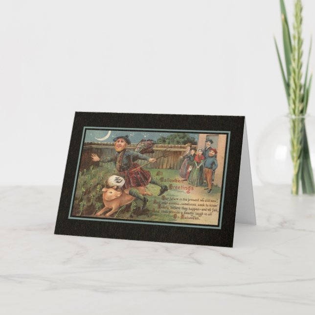 Tarjeta de Halloween de época con cerdo (Anverso)