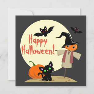 Tarjeta de Halloween de Espantapájaros y Gatito Ad