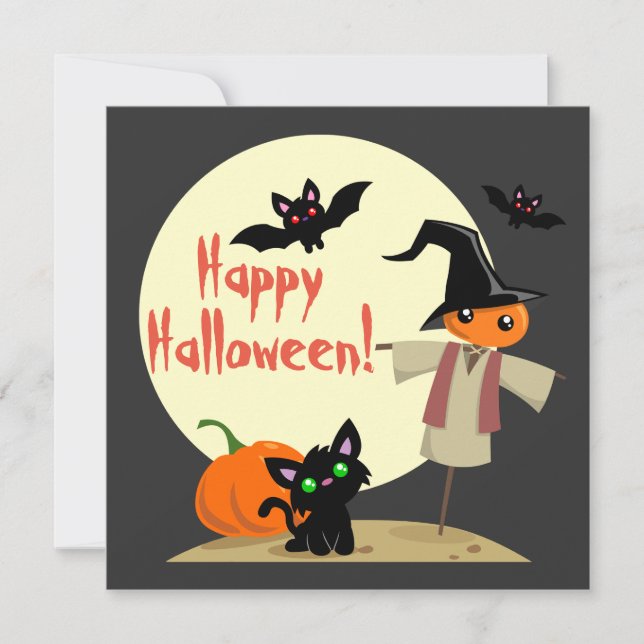 Tarjeta de Halloween de espantapájaros y gatito li (Anverso)
