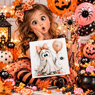 Tarjeta de Halloween de fantasma de niña linda con