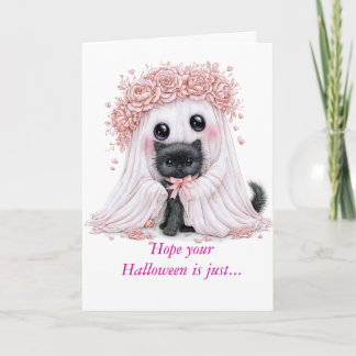 Tarjeta de Halloween de fantasma y gatito adorable