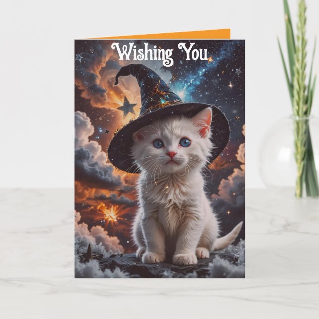 Tarjeta de Halloween de Gatito con Sombrero de Bru (Anverso)