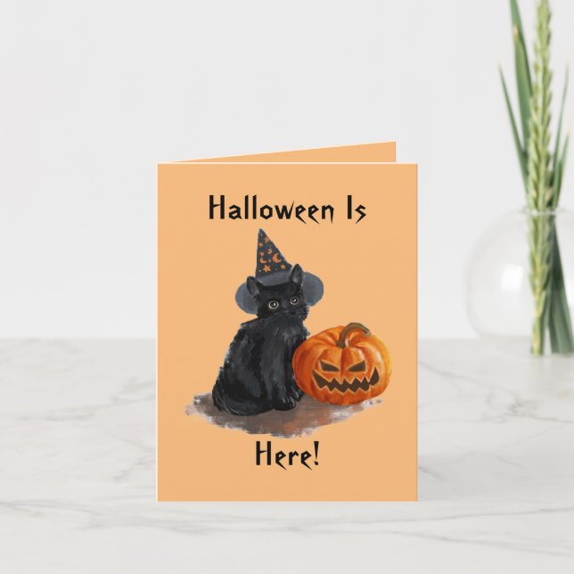 Tarjeta de Halloween de gato bruja vintage (Anverso)