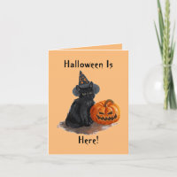 Tarjeta de Halloween de gato bruja vintage