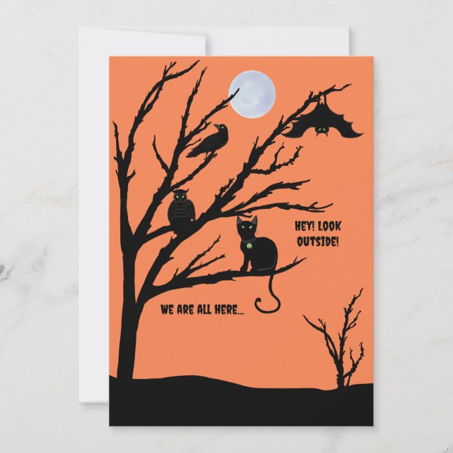 Tarjeta de Halloween de gato-cuervo-búho-murciélag (Anverso)