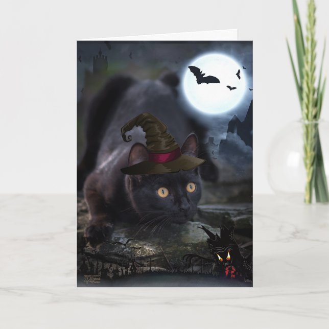 Tarjeta de Halloween de Gato Negro espeluznante (Anverso)