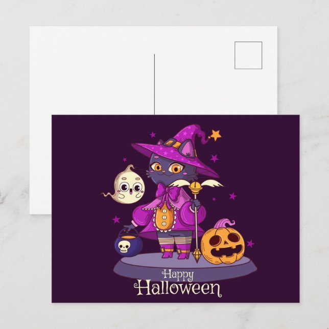 Tarjeta de Halloween de gato negro lindo (Anverso / Reverso)