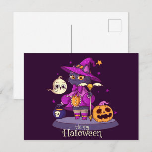 Tarjeta de Halloween de gato negro lindo