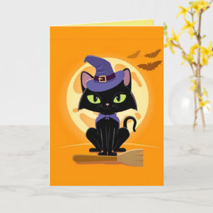 Tarjeta de Halloween de gato negro lindo en escoba