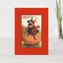 Tarjeta De Halloween De Gato Negro Y Bruja Victori
