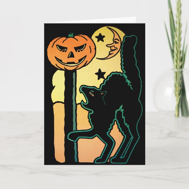 Tarjeta de Halloween de Gato y Calabaza Retro (Anverso)