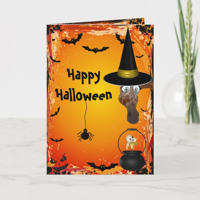 Tarjeta de halloween de jirafa de jirafa y aves (Anverso)