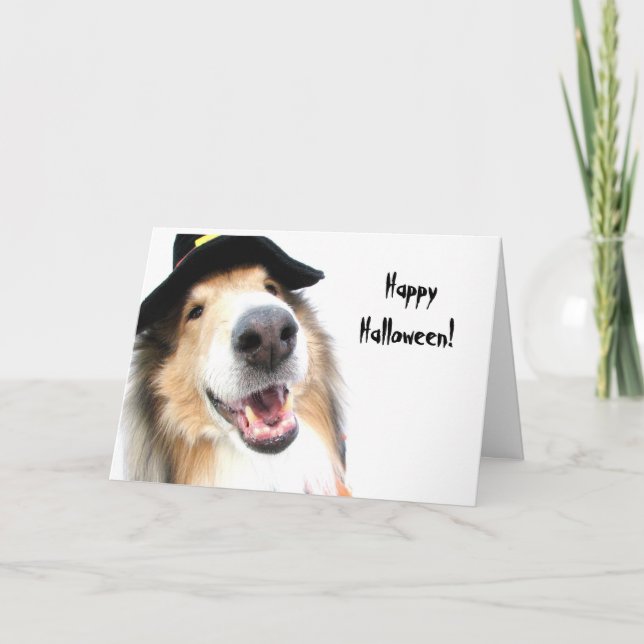 Tarjeta de Halloween de la bruja del collie (Anverso)