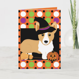 Tarjeta de Halloween de la bruja del Corgi