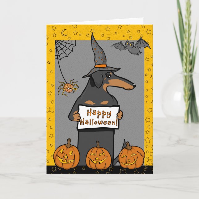 Tarjeta de Halloween de la bruja del Dachshund (Anverso)