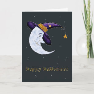 Tarjeta de Halloween de Luna Creciente en Sombrero