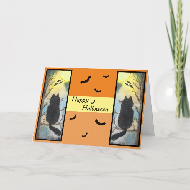 Tarjeta de Halloween de Luna Llena de Gato Negro (Anverso)