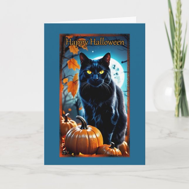 Tarjeta de Halloween de Luna Llena de Gato Negro (Anverso)