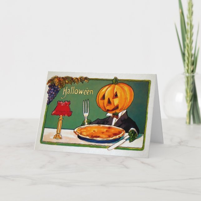 Tarjeta de Halloween de Pie de Calabaza Retro (Anverso)