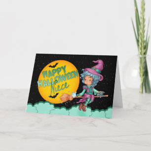 tarjeta de halloween de sobrina con bruja linda en