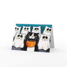 Tarjeta de Halloween de truco para gatos o tratami