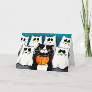 Tarjeta de Halloween de truco para gatos o tratami