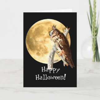 Tarjeta de Halloween del búho y de la luna de