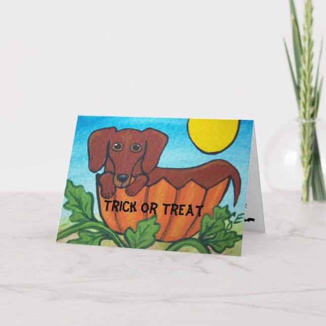 Tarjeta de Halloween del Dachshund del truco o de (Anverso)