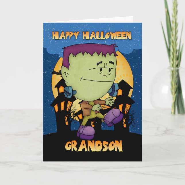 tarjeta de Halloween del nieto con el frankie que (Anverso)